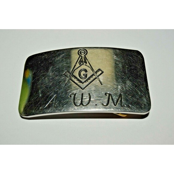 Vintage Freemasons Silver Tone Custom Monogram AWM Belt Buckle Rare - Picture 1 of 5